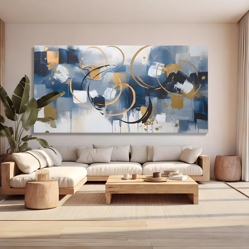 Tablou canvas cu pictura abstracta cu cercuri aurii si albastre, fara rama, pe sasiu de lemn, pe perete intr-un living